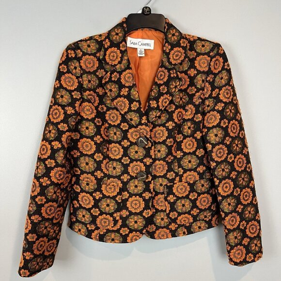 Sara Campbell Orange Floral Blazer Size 6 Retro Twee Phoebe Buffay Indie Art - Picture 1 of 12